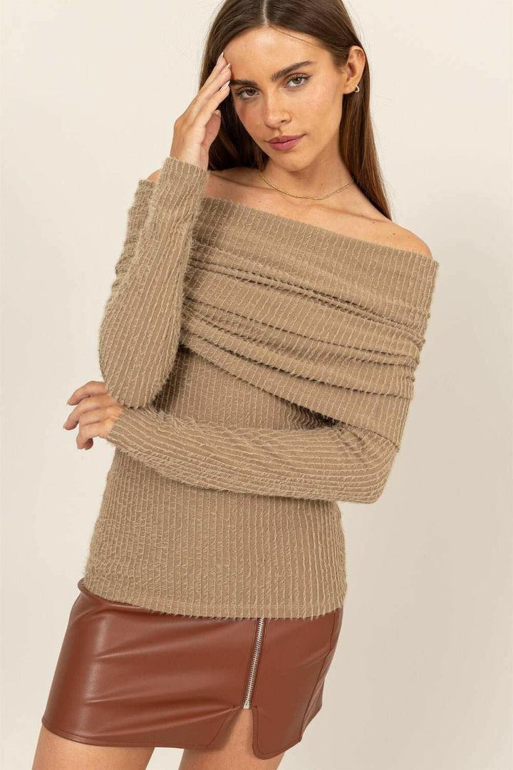 HYFVE Sandstone Fuzzy Off-Shoulder Sweater - The Rogue Daisy