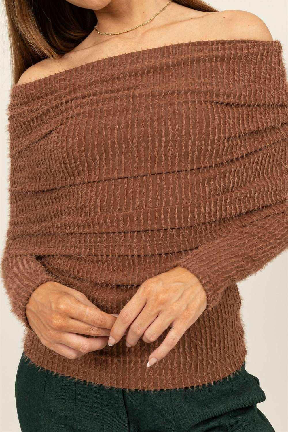 HYFVE Cinnamon Fuzzy Off-Shoulder Sweater - The Rogue Daisy