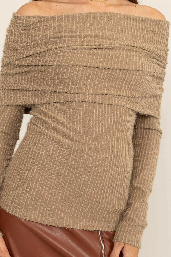 HYFVE Sandstone Fuzzy Off-Shoulder Sweater - The Rogue Daisy