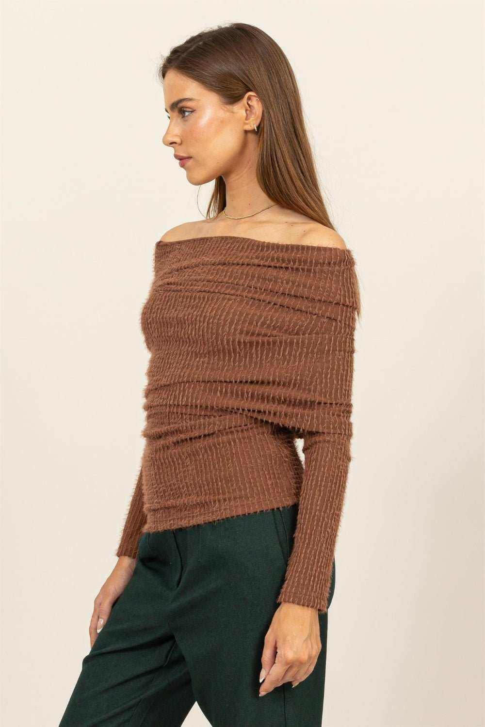 HYFVE Cinnamon Fuzzy Off-Shoulder Sweater - The Rogue Daisy