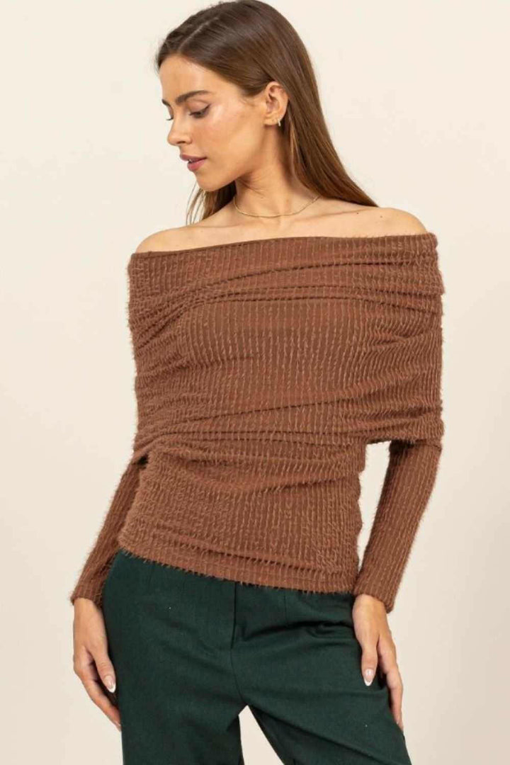 HYFVE Cinnamon Fuzzy Off-Shoulder Sweater - The Rogue Daisy