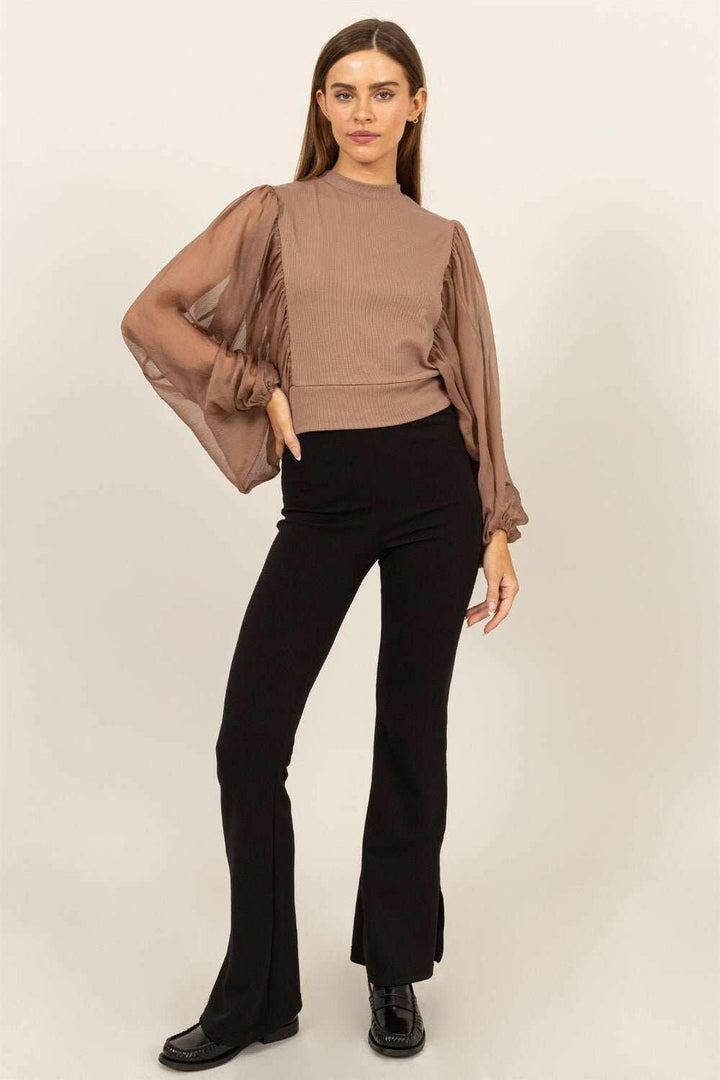 HYFVE Ruched Sheer Long Sleeve Mock Neck Blouse - The Rogue Daisy