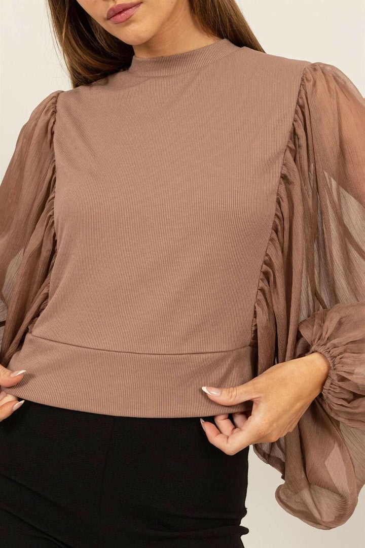 HYFVE Ruched Sheer Long Sleeve Mock Neck Blouse - The Rogue Daisy