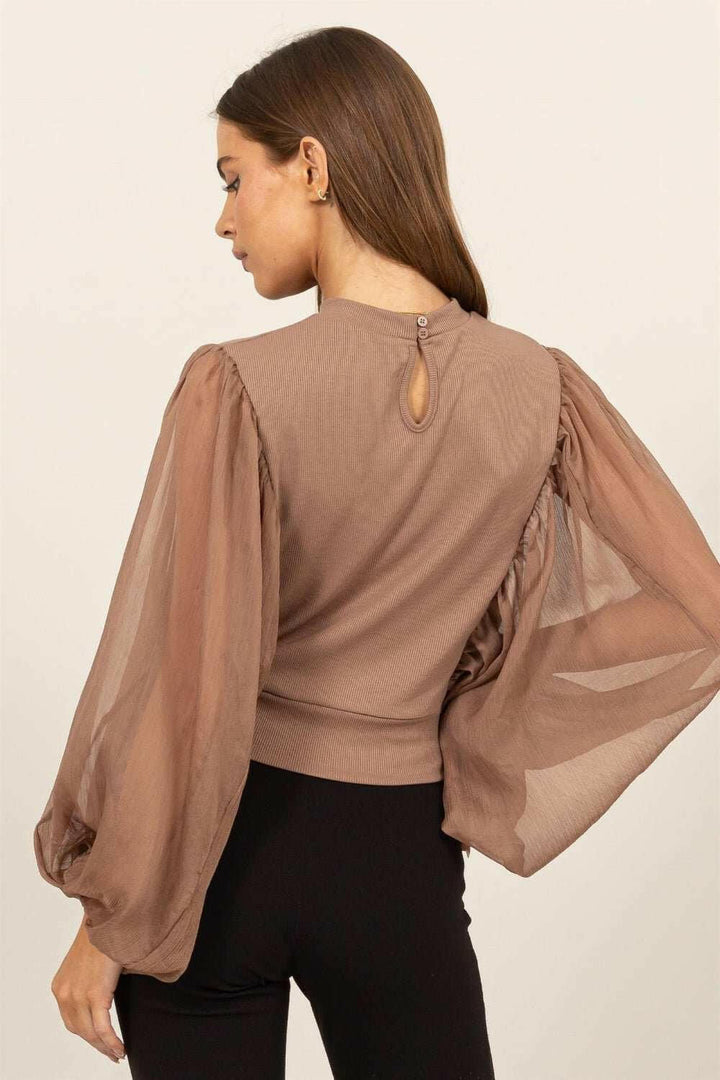 HYFVE Ruched Sheer Long Sleeve Mock Neck Blouse - The Rogue Daisy