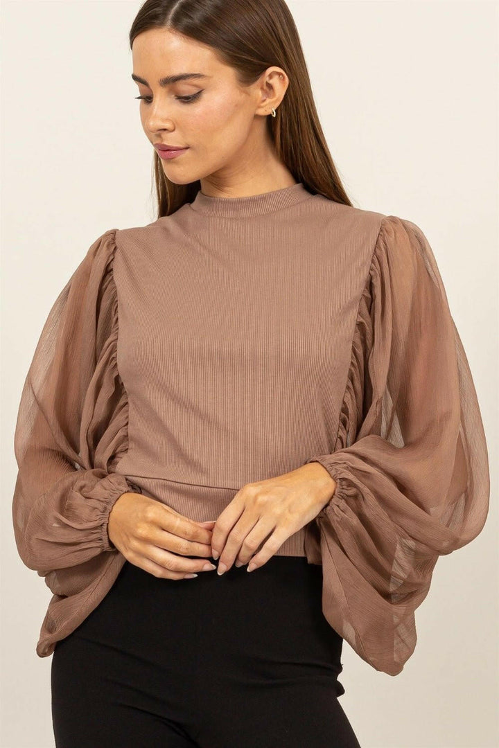 HYFVE Ruched Sheer Long Sleeve Mock Neck Blouse - The Rogue Daisy