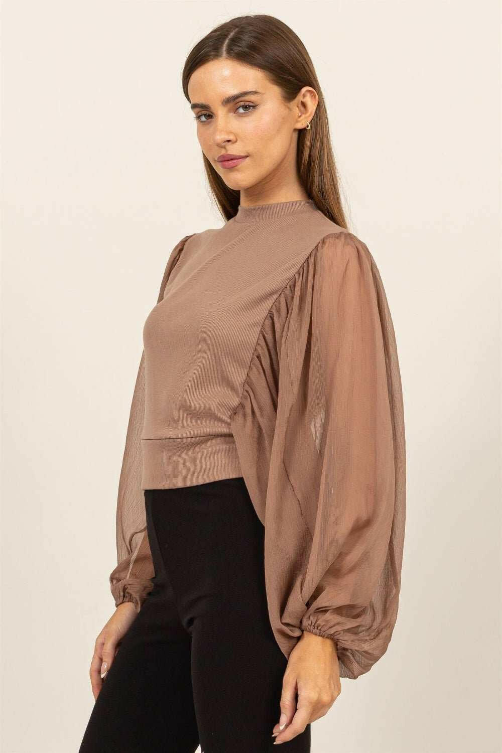 HYFVE Ruched Sheer Long Sleeve Mock Neck Blouse - The Rogue Daisy