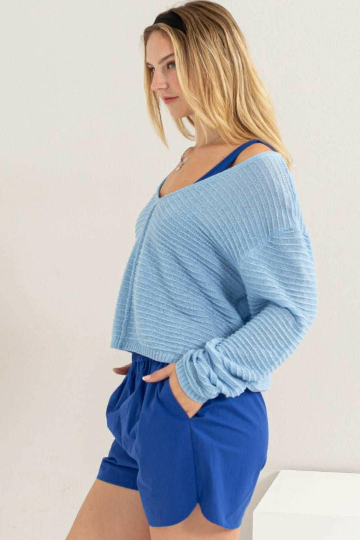 HYFVE V - Neck Stripe Texture Long Sleeve Top - The Rogue Daisy