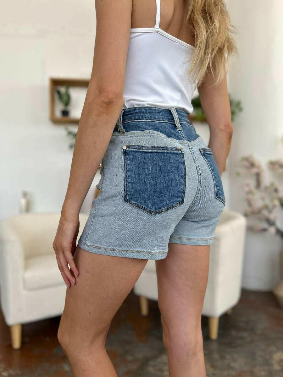 Judy Blue Color Block Denim Shorts - Full Size - The Rogue Daisy