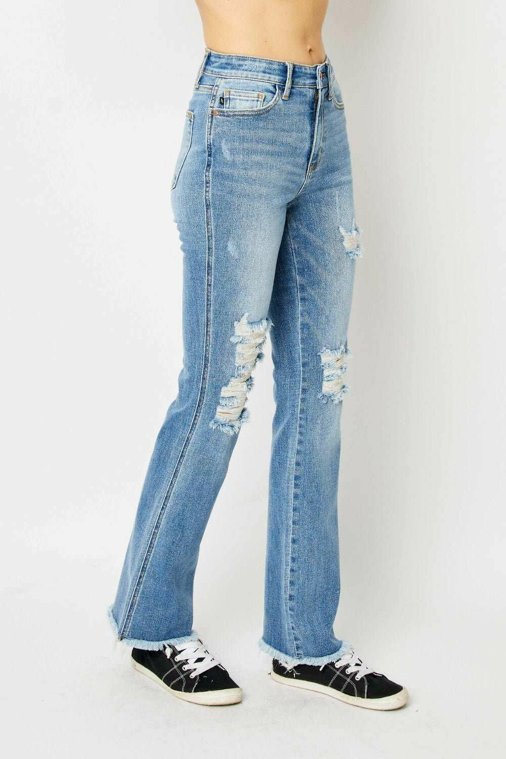 Judy Blue Distressed Raw Hem Bootcut Jeans - Full Size - The Rogue Daisy