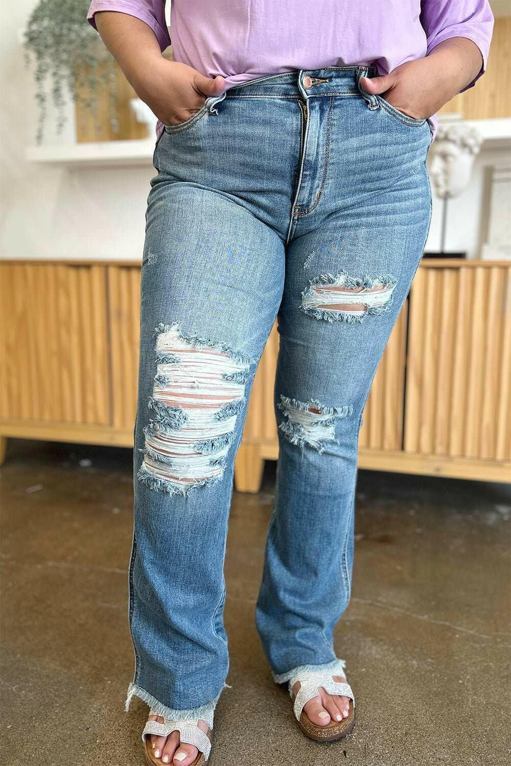 Judy Blue Distressed Raw Hem Bootcut Jeans - Full Size - The Rogue Daisy