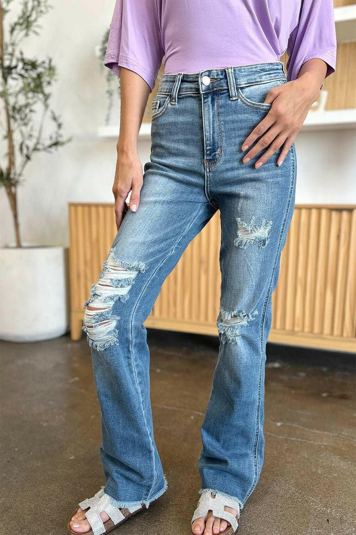 Judy Blue Distressed Raw Hem Bootcut Jeans - Full Size - The Rogue Daisy