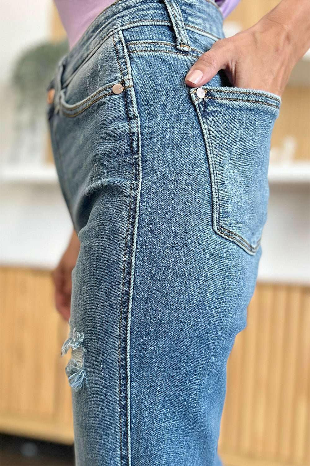 Judy Blue Distressed Raw Hem Bootcut Jeans - Full Size - The Rogue Daisy