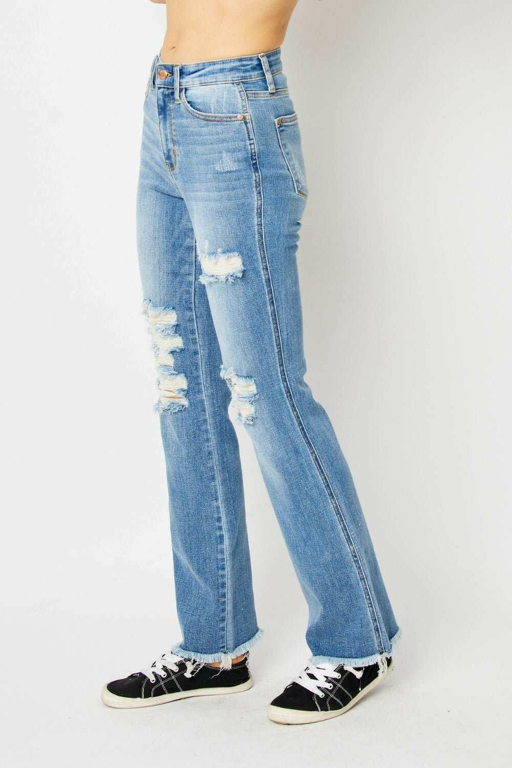 Judy Blue Distressed Raw Hem Bootcut Jeans - Full Size - The Rogue Daisy