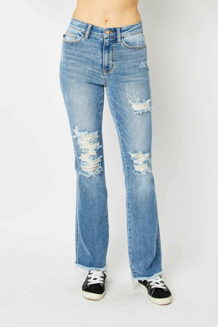 Judy Blue Distressed Raw Hem Bootcut Jeans - Full Size - The Rogue Daisy