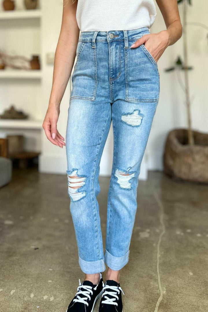 Judy Blue Distressed Straight Jeans with Patch Pockets - Full Size - The Rogue Daisy