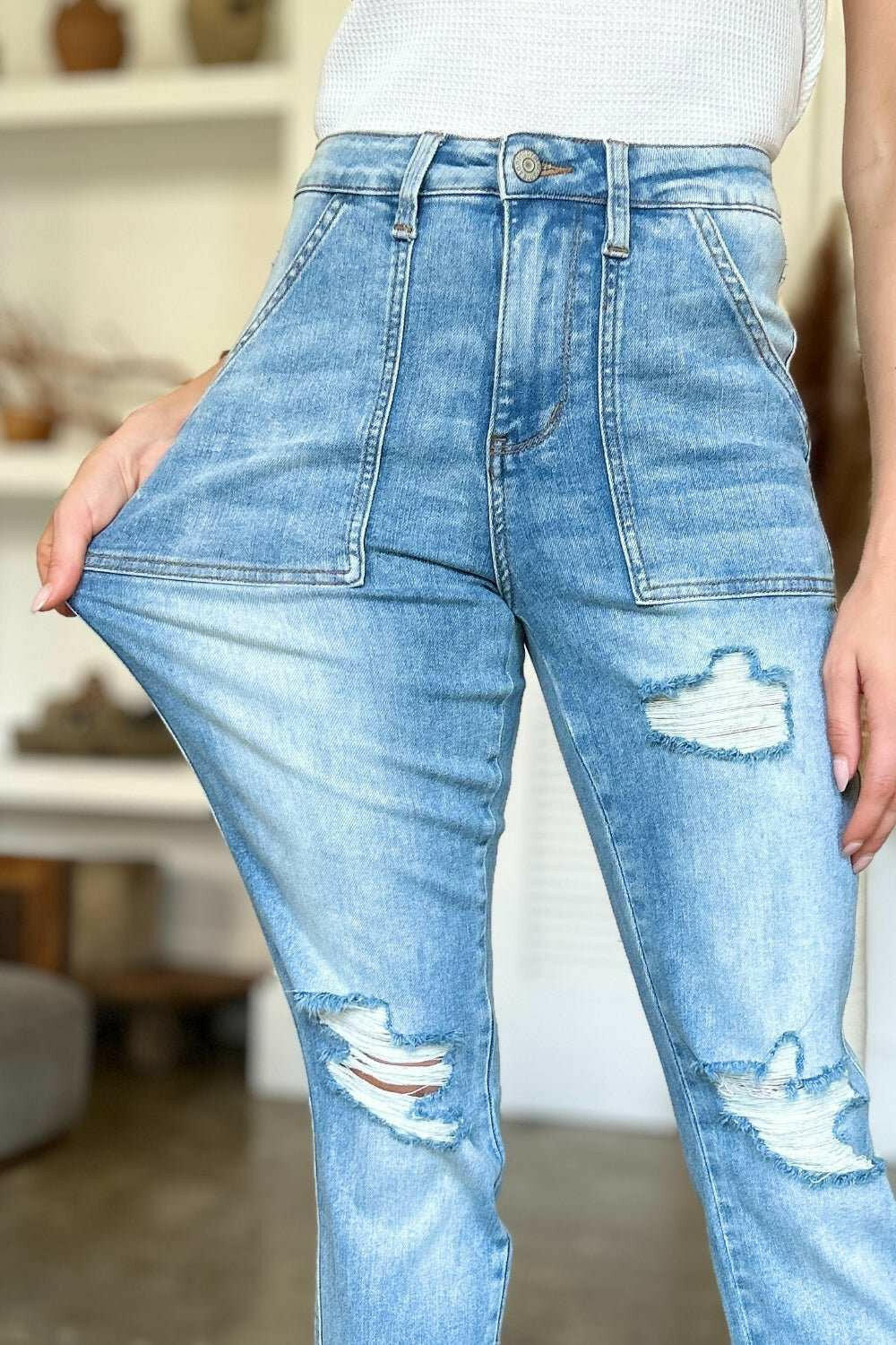 Judy Blue Distressed Straight Jeans with Patch Pockets - Full Size - The Rogue Daisy