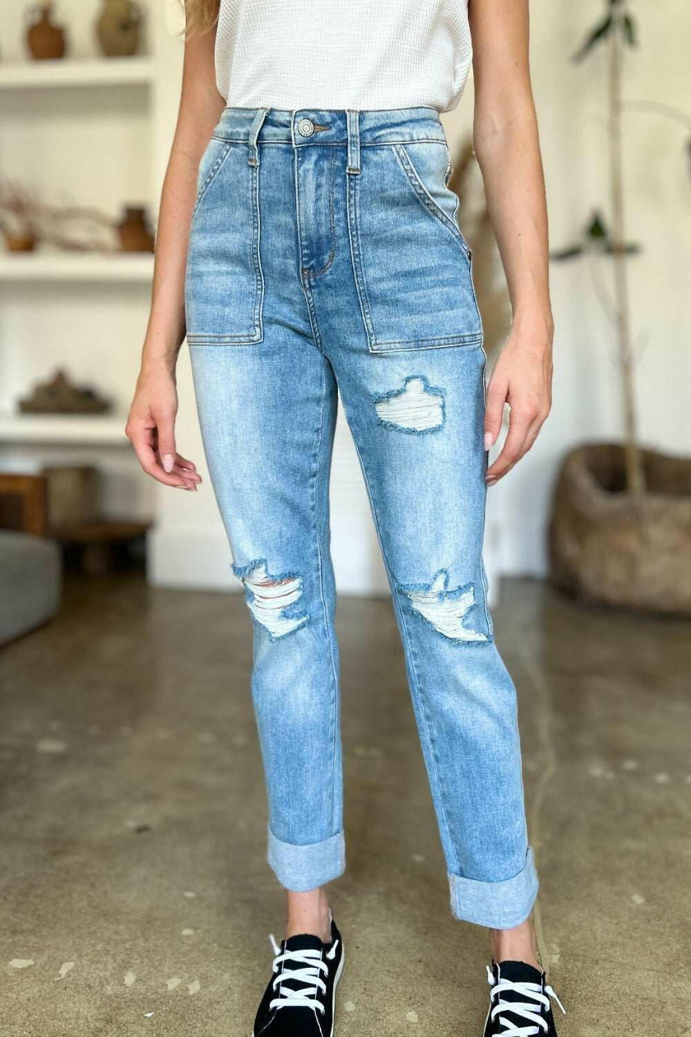 Judy Blue Distressed Straight Jeans with Patch Pockets - Full Size - The Rogue Daisy