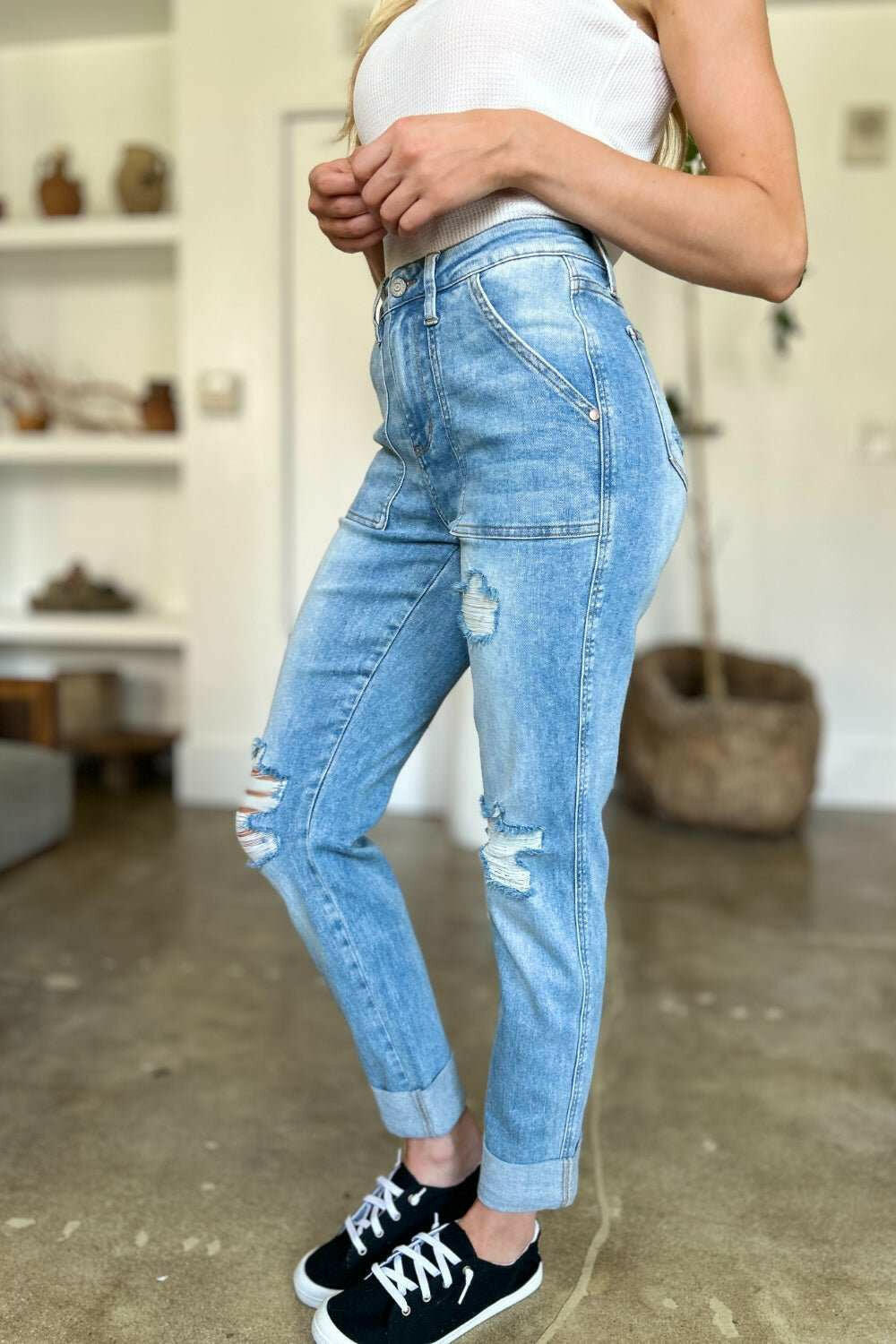 Judy Blue Distressed Straight Jeans with Patch Pockets - Full Size - The Rogue Daisy