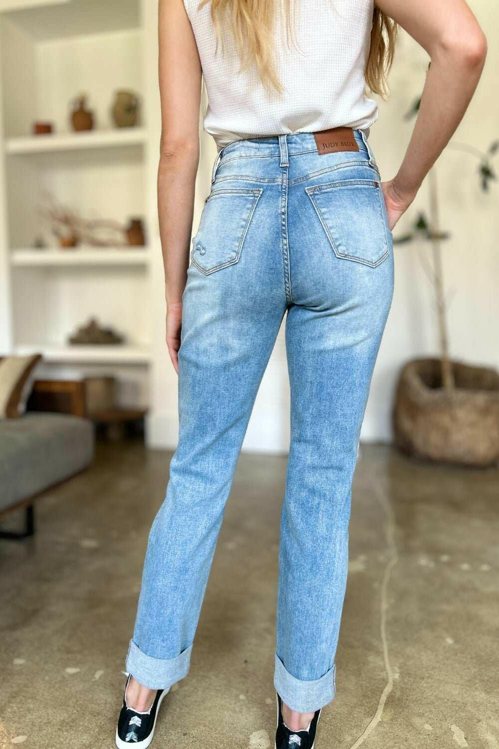 Judy Blue Distressed Straight Jeans with Patch Pockets - Full Size - The Rogue Daisy