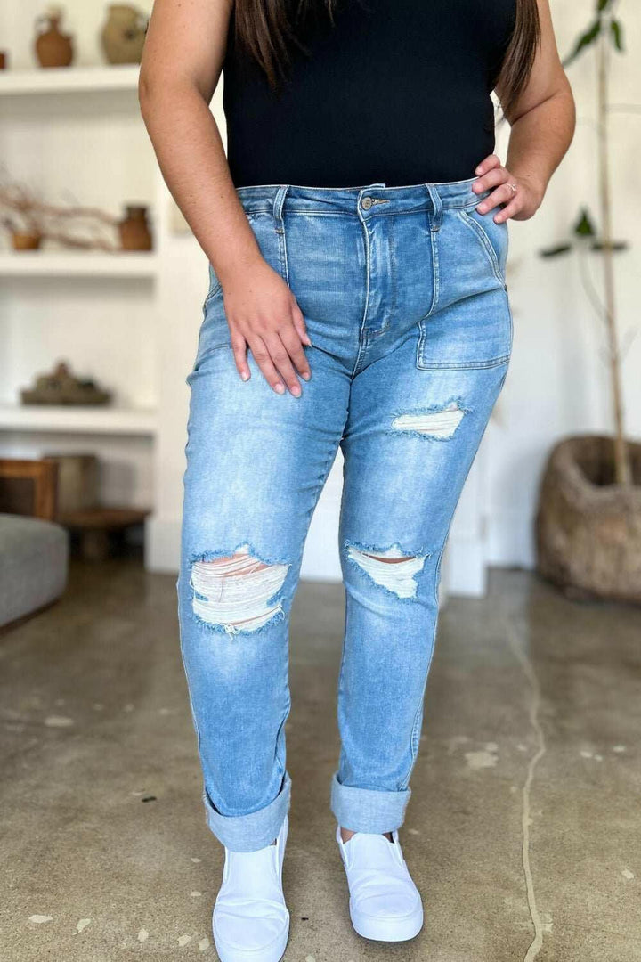 Judy Blue Distressed Straight Jeans with Patch Pockets - Full Size - The Rogue Daisy