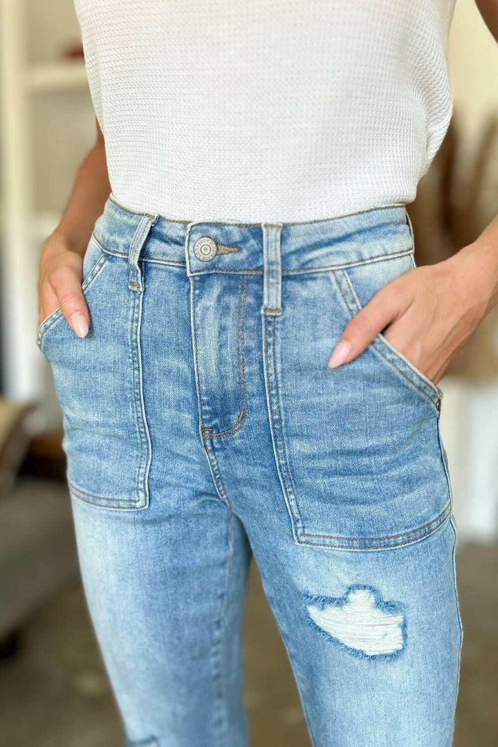 Judy Blue Distressed Straight Jeans with Patch Pockets - Full Size - The Rogue Daisy