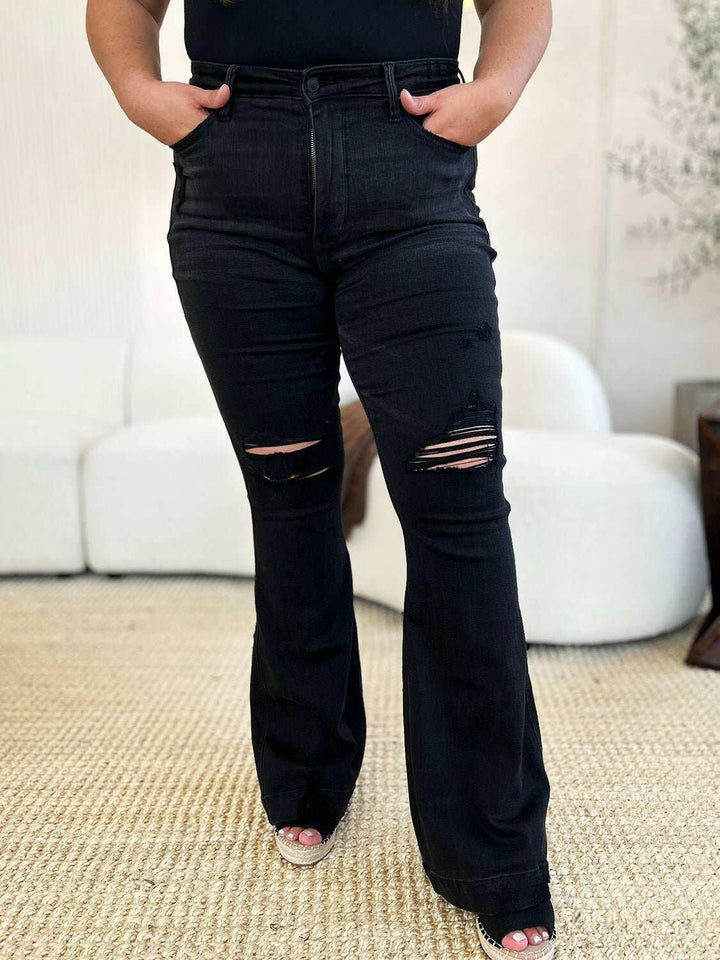 Judy Blue High Waist Distressed Flare Jeans - Full Size - The Rogue Daisy