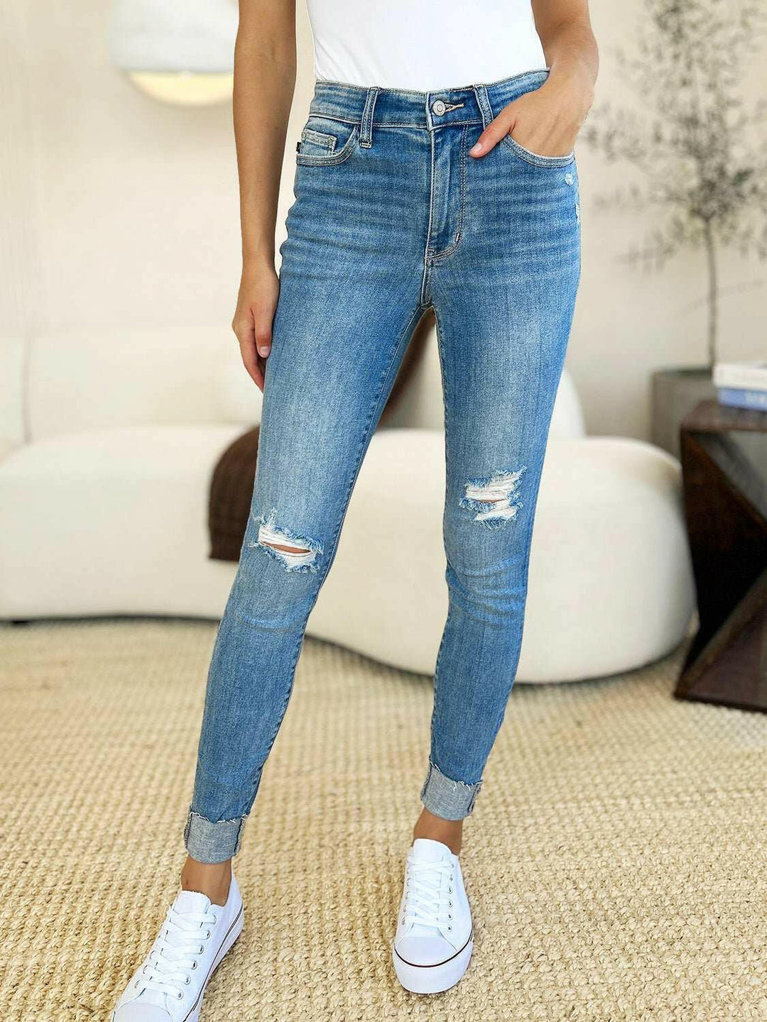 Judy Blue Mid Rise Destroy & Cuff Skinny Jeans - Full Size - The Rogue Daisy