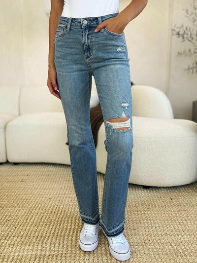 Judy Blue Mid Rise Destroyed Hem Distressed Jeans - Full Size - The Rogue Daisy