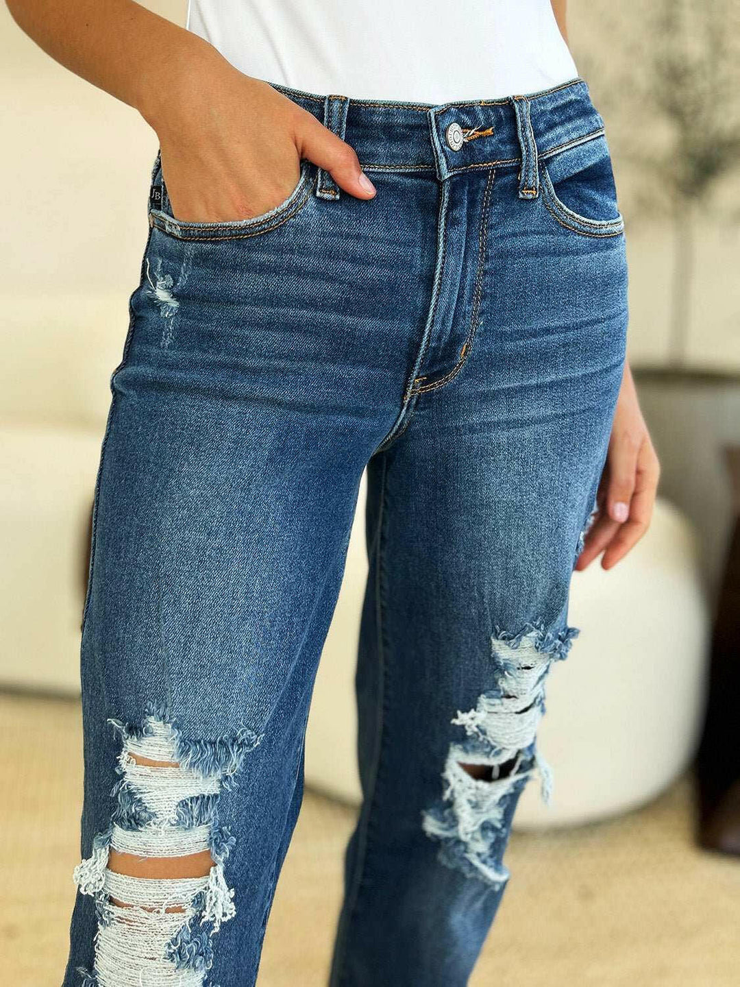 Judy Blue Mid Rise Distressed Raw Hem Jeans - Full Size - The Rogue Daisy