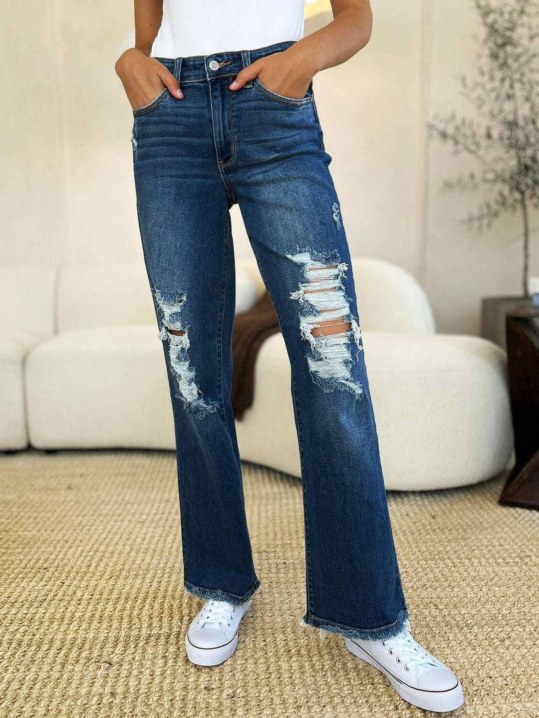 Judy Blue Mid Rise Distressed Raw Hem Jeans - Full Size - The Rogue Daisy