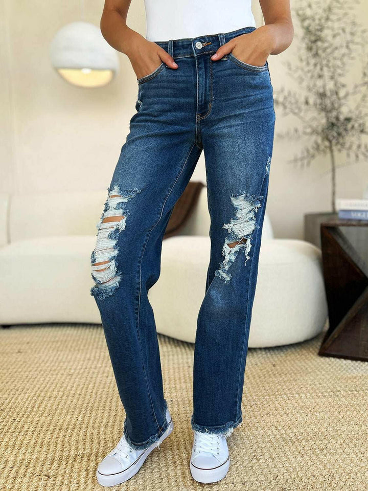 Judy Blue Mid Rise Distressed Raw Hem Jeans - Full Size - The Rogue Daisy