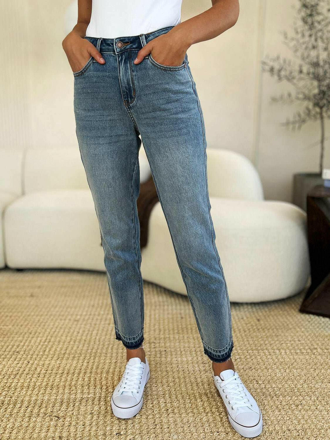 Judy Blue Mid Rise Rigid Magic Release Hem Jeans - Full Size - The Rogue Daisy