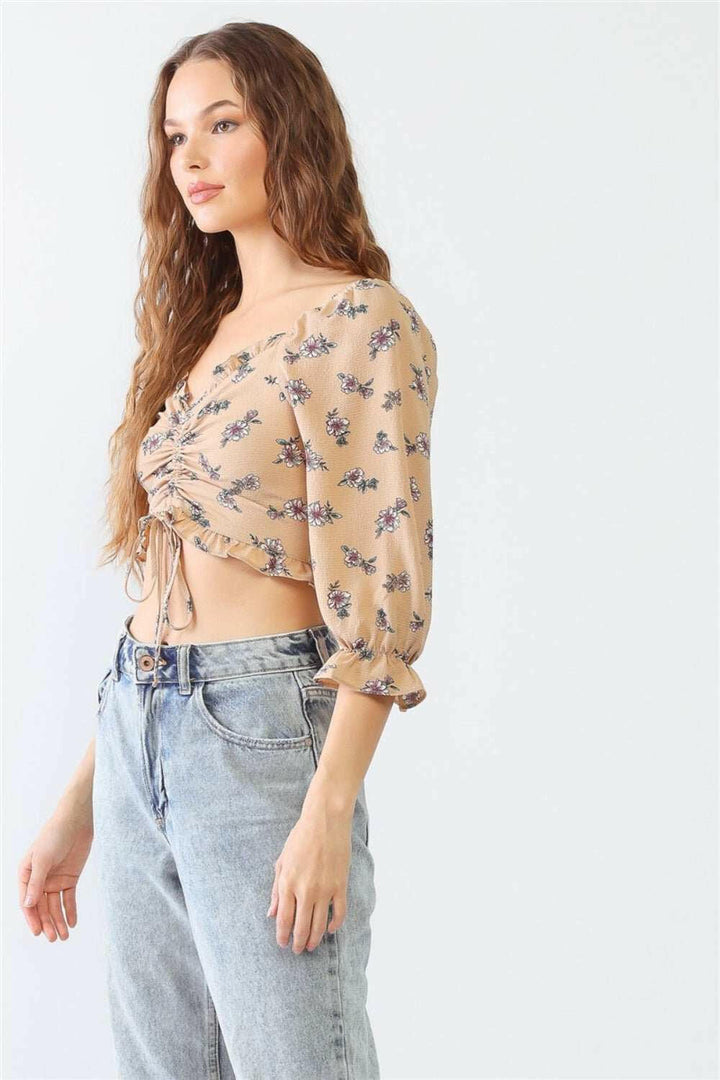 Kevin Co. Floral Ruffle Smocked Back Ruched Crop Top - The Rogue Daisy