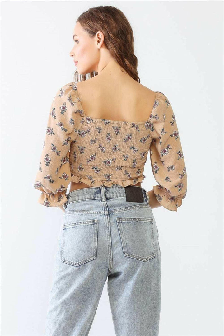 Kevin Co. Floral Ruffle Smocked Back Ruched Crop Top - The Rogue Daisy