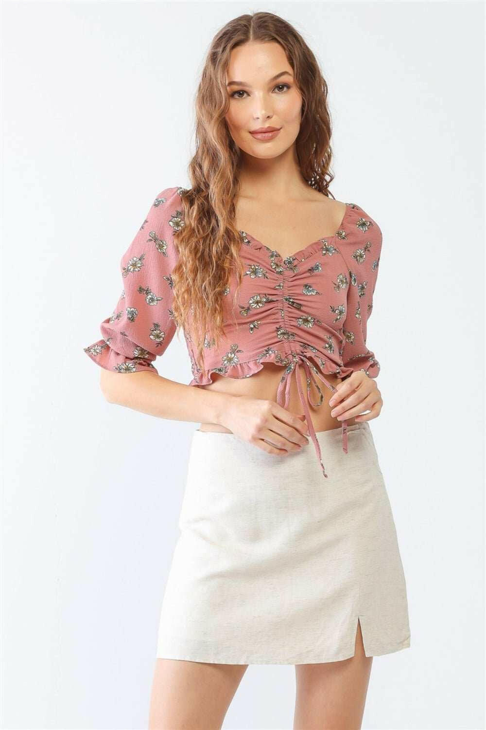 Kevin Co. Floral Ruffle Smocked Back Ruched Crop Top - The Rogue Daisy