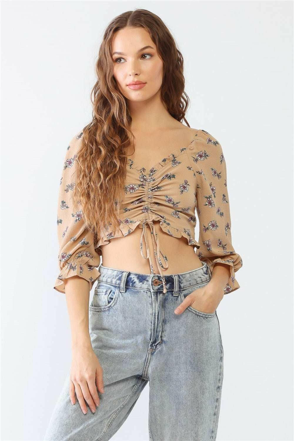 Kevin Co. Floral Ruffle Smocked Back Ruched Crop Top - The Rogue Daisy