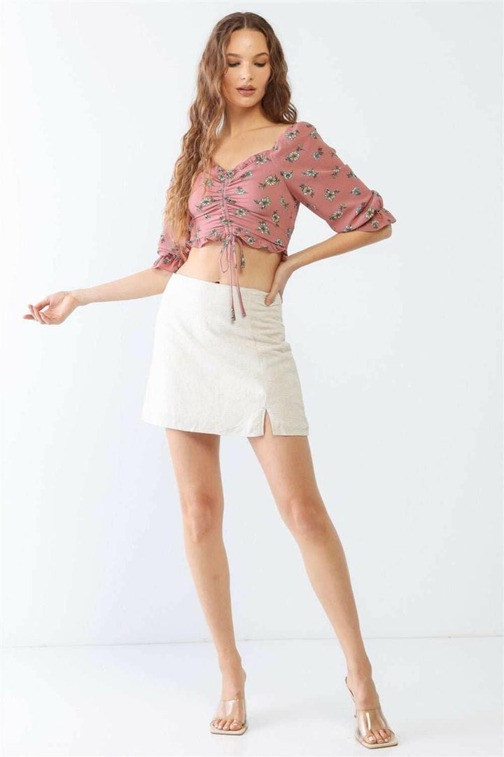 Kevin Co. Floral Ruffle Smocked Back Ruched Crop Top - The Rogue Daisy