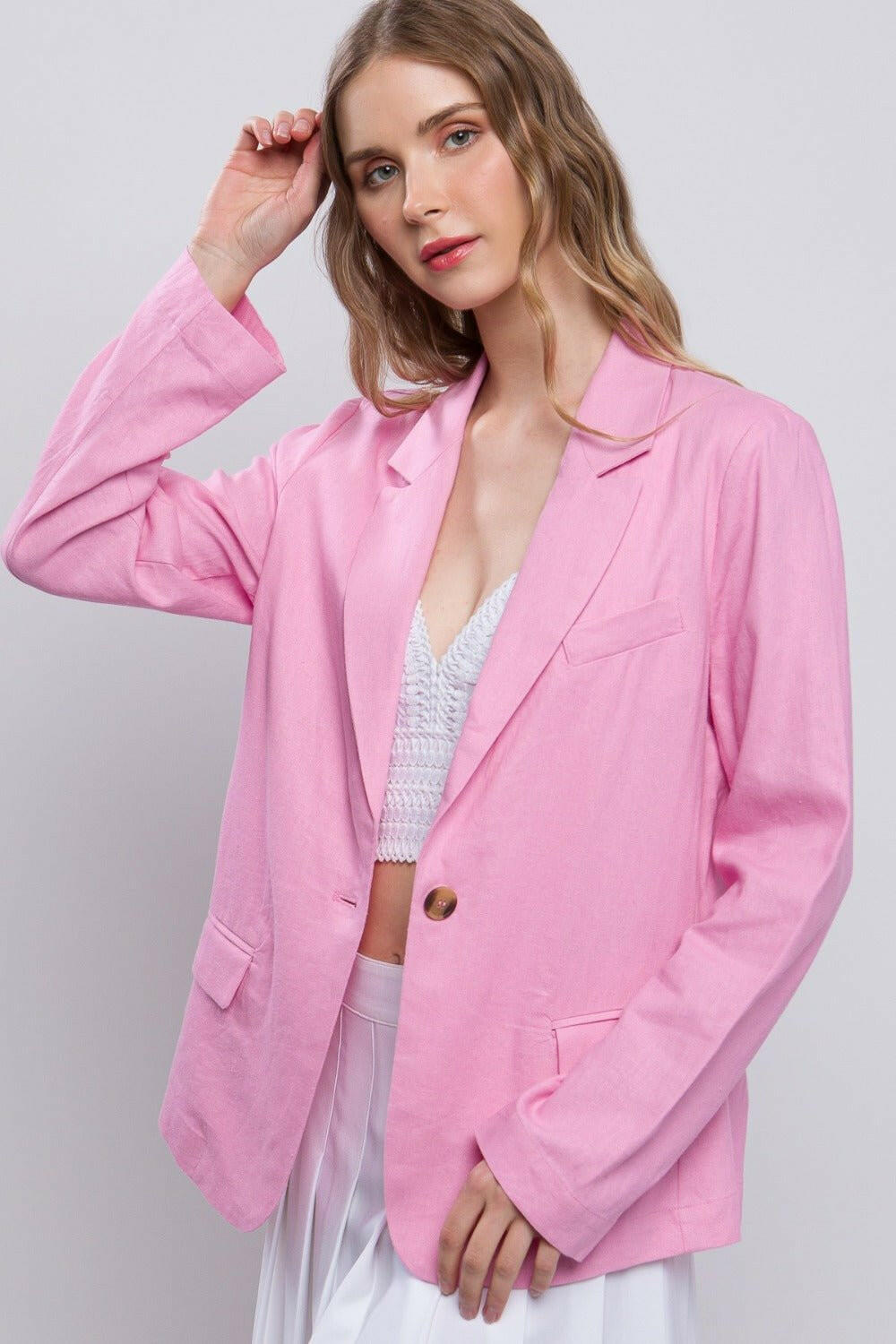 Love Tree One - Button Long Sleeve Linen Blazer - The Rogue Daisy