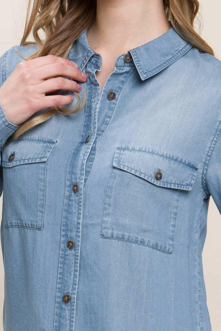 Love Tree Scooped Hem Button Up Denim Shirt - The Rogue Daisy