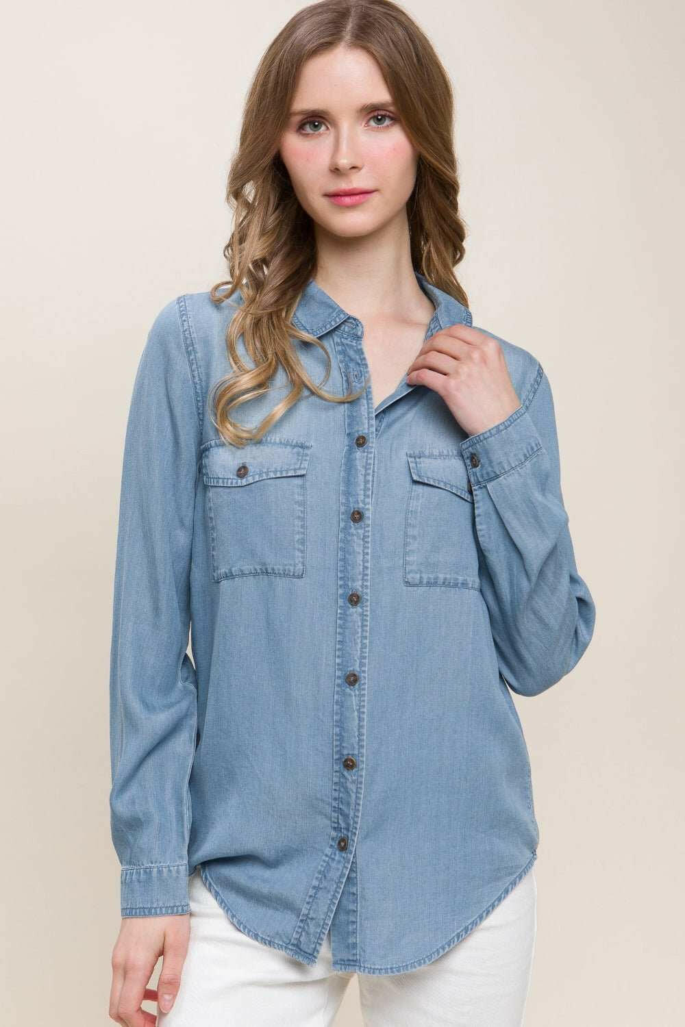 Love Tree Scooped Hem Button Up Denim Shirt - The Rogue Daisy