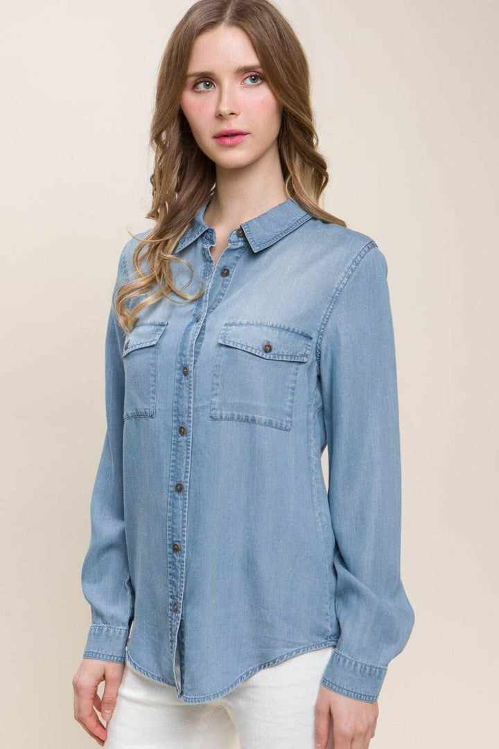 Love Tree Scooped Hem Button Up Denim Shirt - The Rogue Daisy