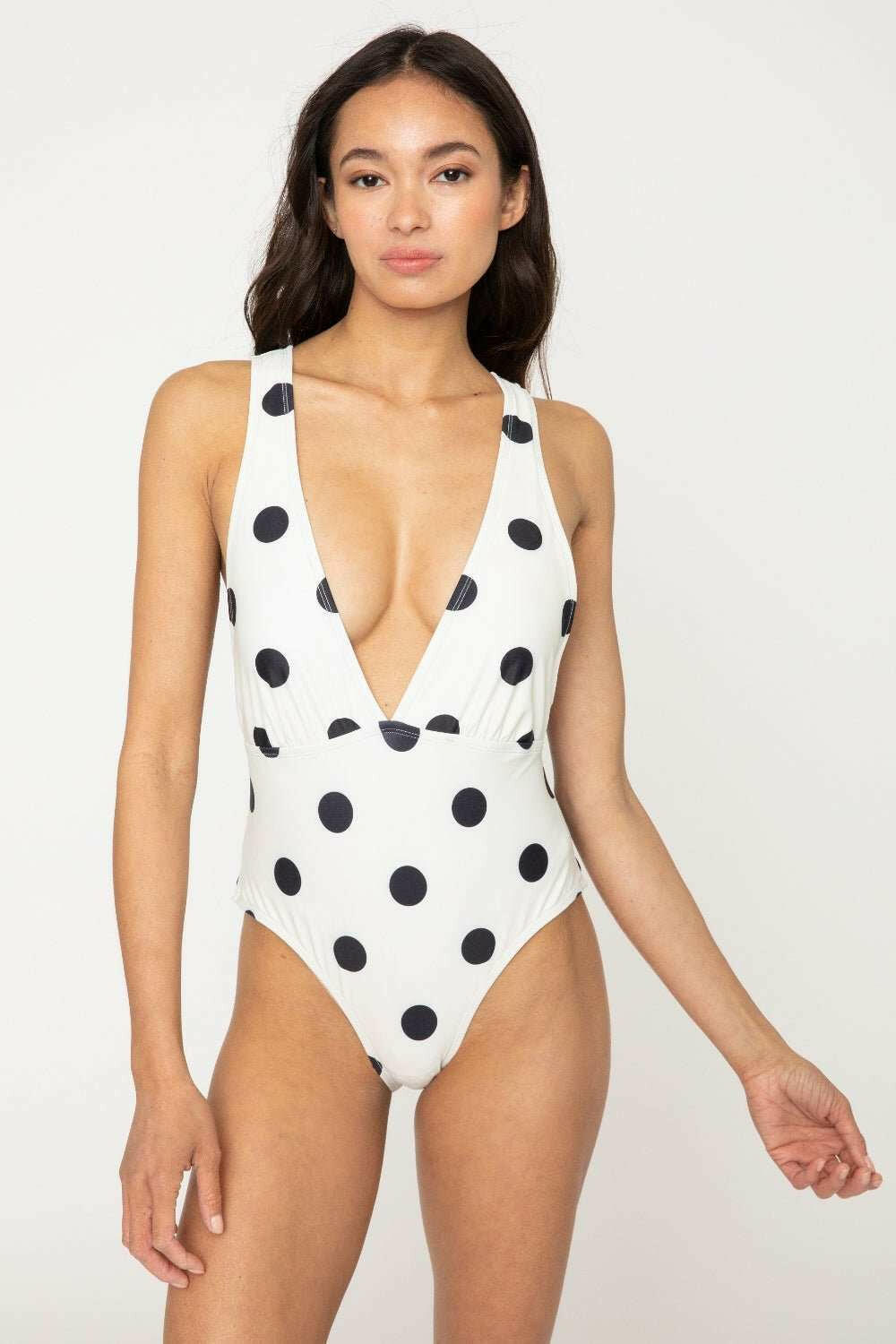 Polka Dot One-Piece Swimsuit - Tied Plunge Swimsuit