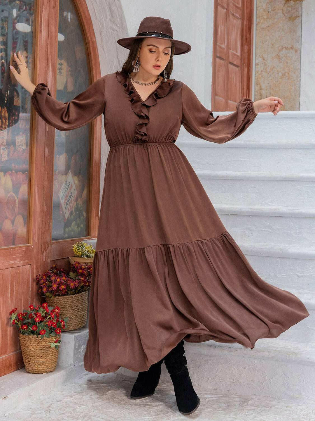 Mocha Ruffle Maxi Dress - Plus Size - The Rogue Daisy