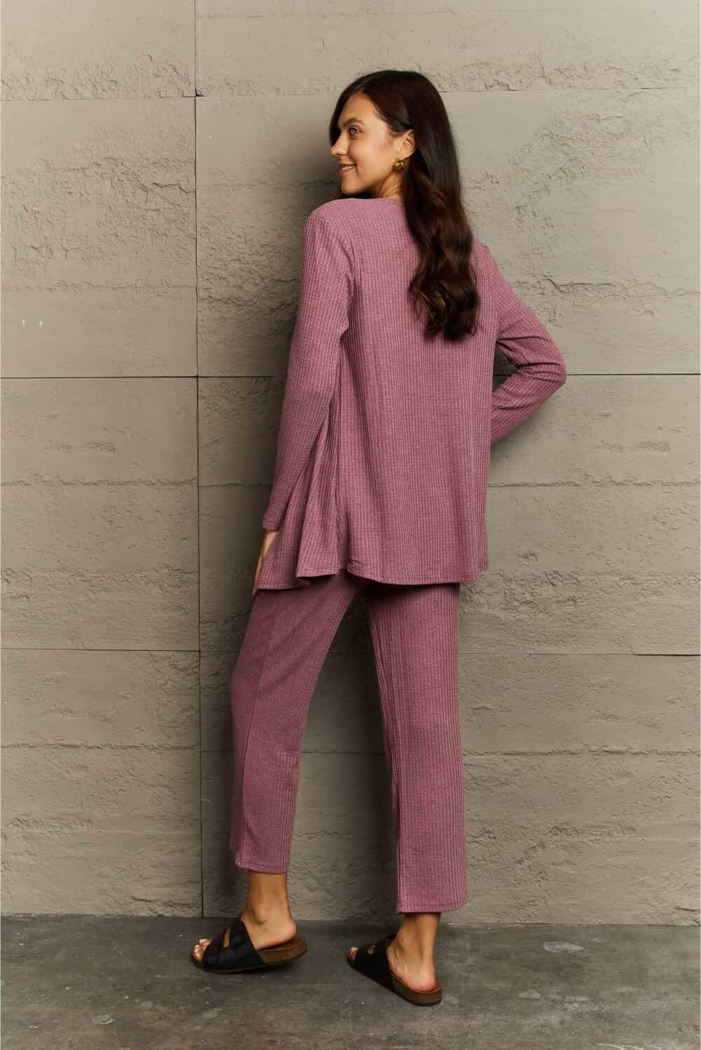 Ninexis Cropped Top, Long Pants and Cardigan Lounge Set - Full Size - The Rogue Daisy