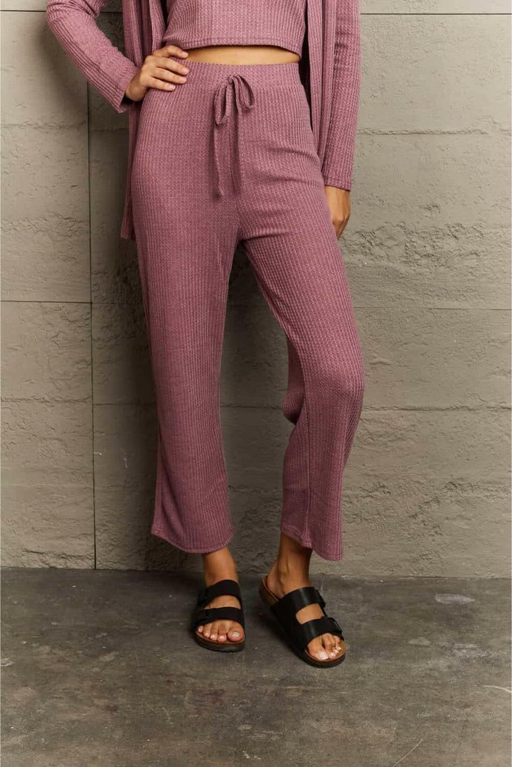 Ninexis Cropped Top, Long Pants and Cardigan Lounge Set - Full Size - The Rogue Daisy