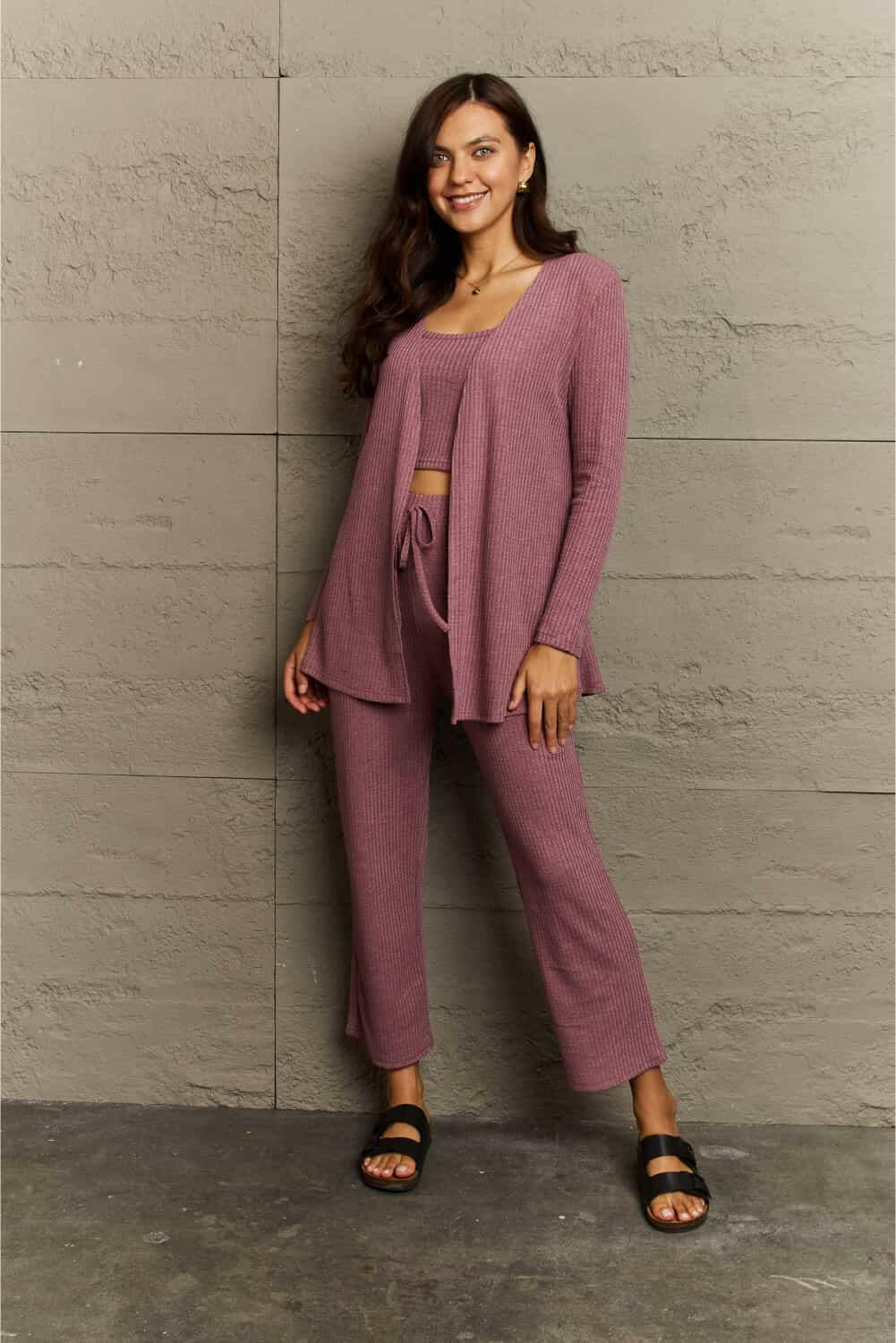 Ninexis Cropped Top, Long Pants and Cardigan Lounge Set - Full Size - The Rogue Daisy