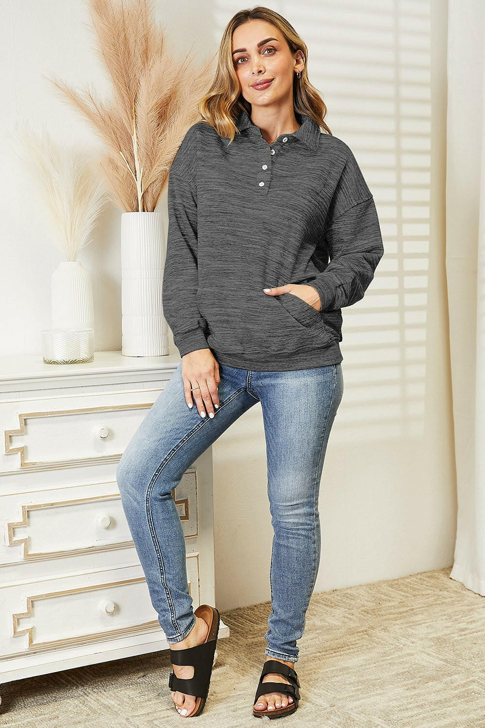 Ninexis Quarter - Button Collared Sweatshirt - Full Size - The Rogue Daisy