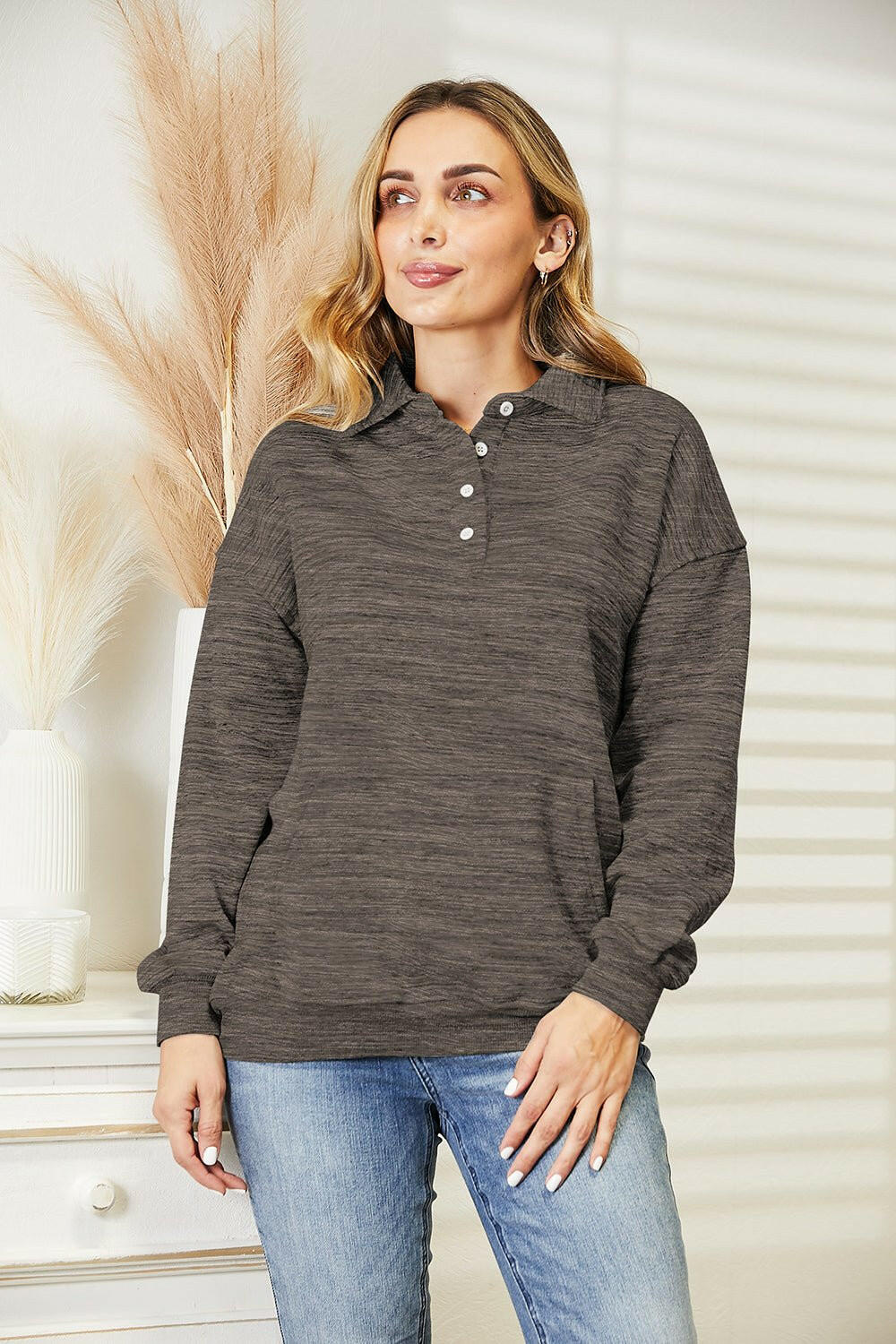 Ninexis Quarter - Button Collared Sweatshirt - Full Size - The Rogue Daisy