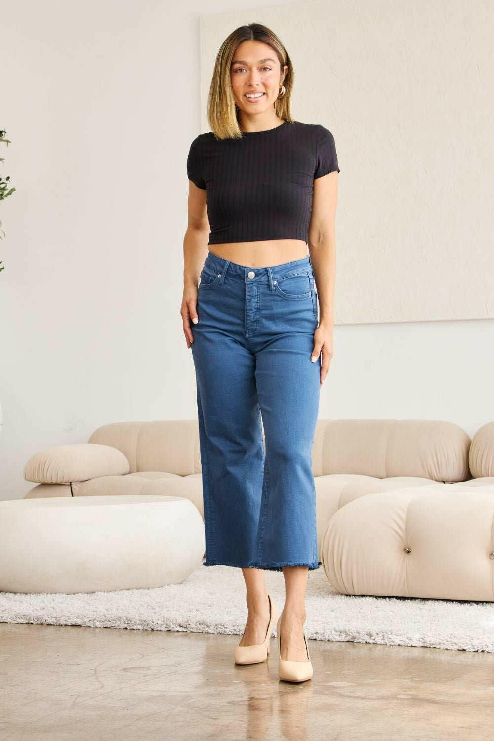 RFM 'Chloe' Tummy Control High Waist Raw Hem Cropped Jeans - Full Size - The Rogue Daisy