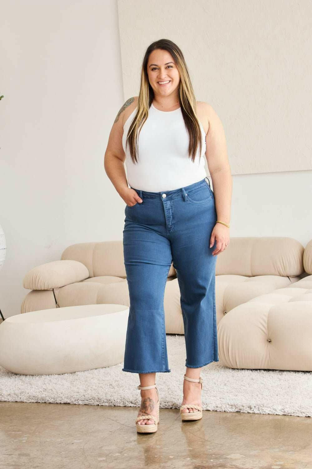 RFM 'Chloe' Tummy Control High Waist Raw Hem Cropped Jeans - Full Size - The Rogue Daisy